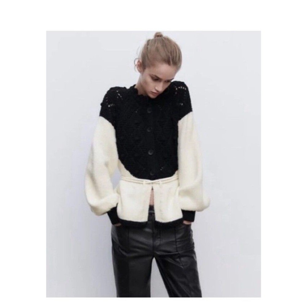 Zara Cardigan  Drawstring Tie Black White Chuncy Knit Baloon Sleeve S M